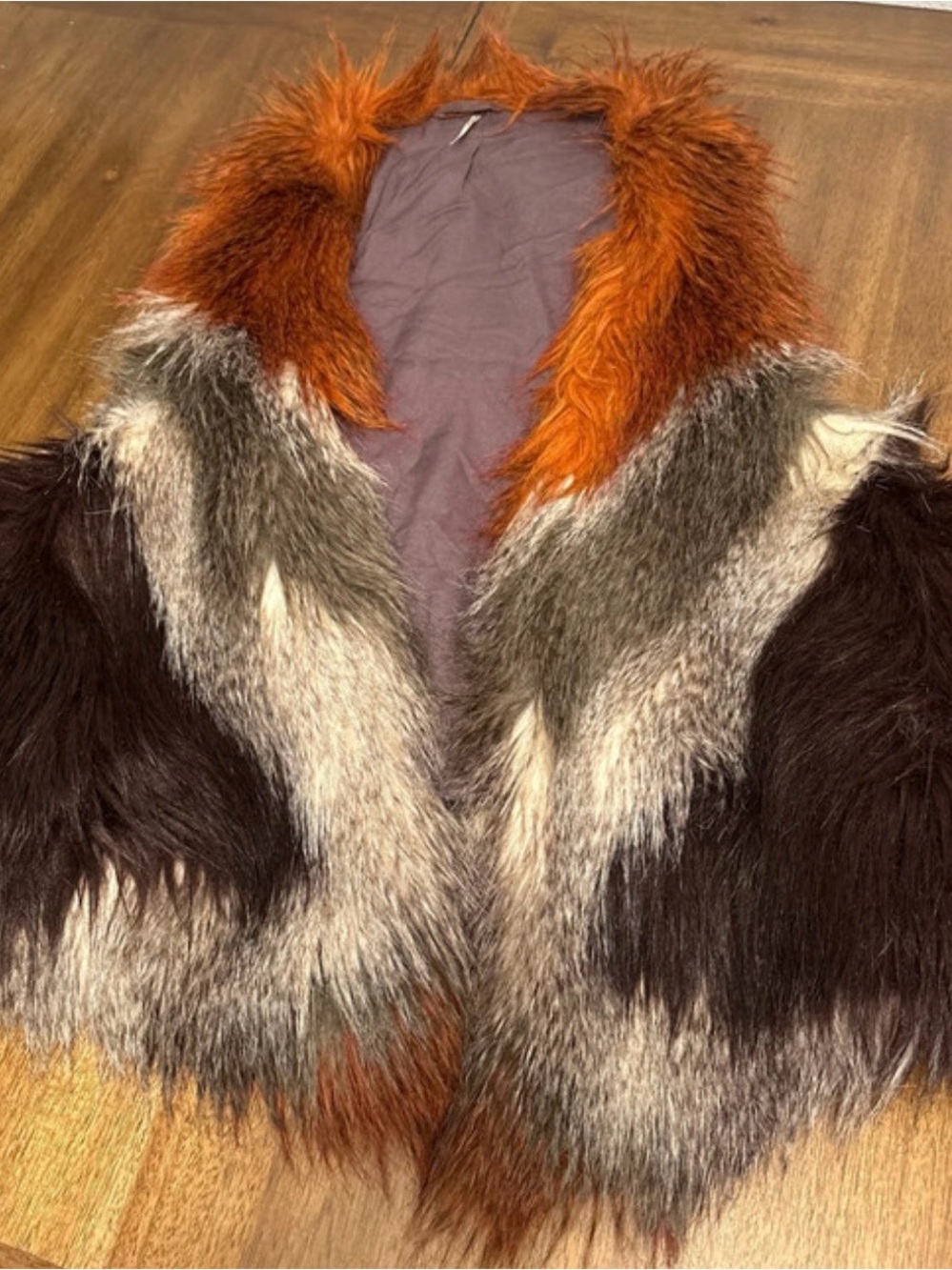 Free People Faux Fur Patchwork Coat in Brown, Gray & Orange